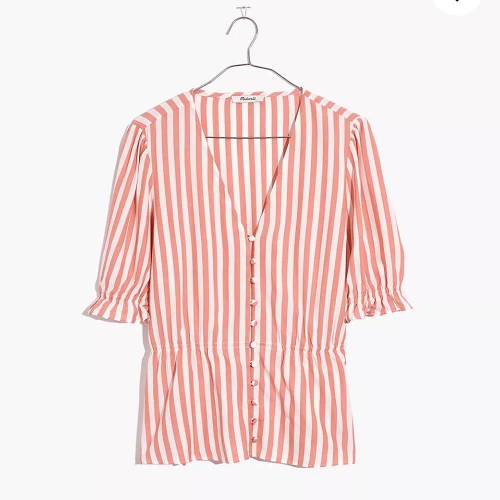 MADEWELL V-Neck Peplum Popover Top in Stripe, M